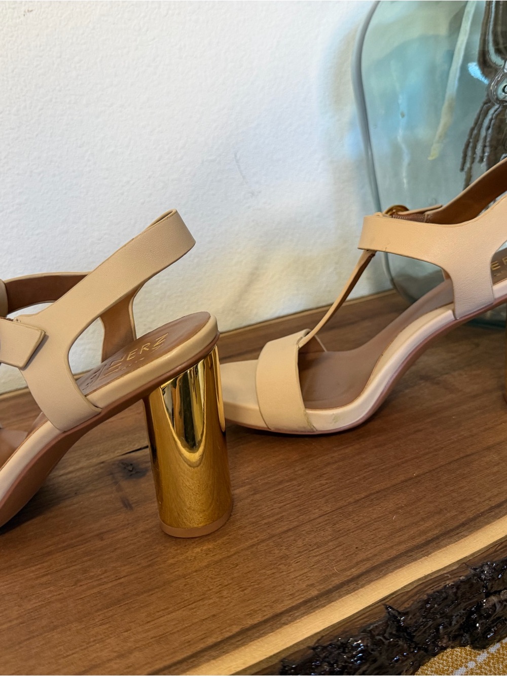 Naturalizer Nude T-Strap Sandals with Gold Block Heel - Picture 7 of 8